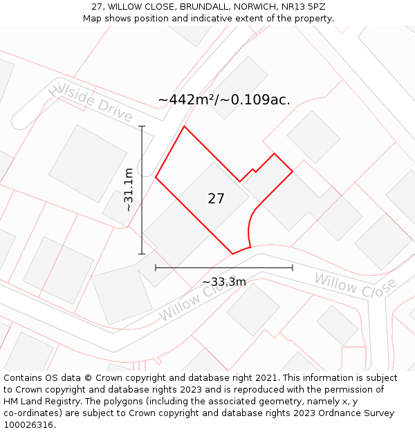 27, WILLOW CLOSE, BRUNDALL, NORWICH, NR13 5PZ: Plot and title map