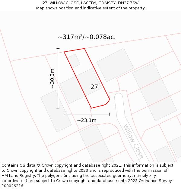 27, WILLOW CLOSE, LACEBY, GRIMSBY, DN37 7SW: Plot and title map