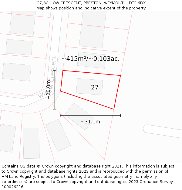 27, WILLOW CRESCENT, PRESTON, WEYMOUTH, DT3 6DX: Plot and title map