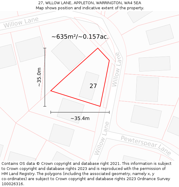 27, WILLOW LANE, APPLETON, WARRINGTON, WA4 5EA: Plot and title map