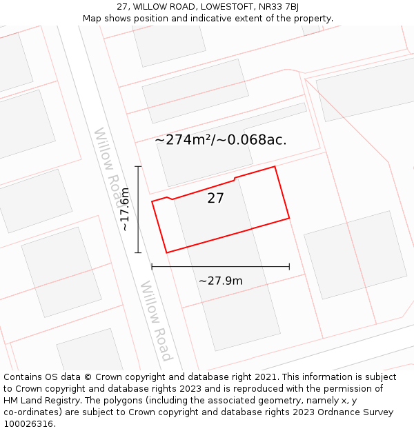 27, WILLOW ROAD, LOWESTOFT, NR33 7BJ: Plot and title map