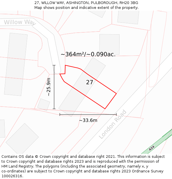 27, WILLOW WAY, ASHINGTON, PULBOROUGH, RH20 3BG: Plot and title map