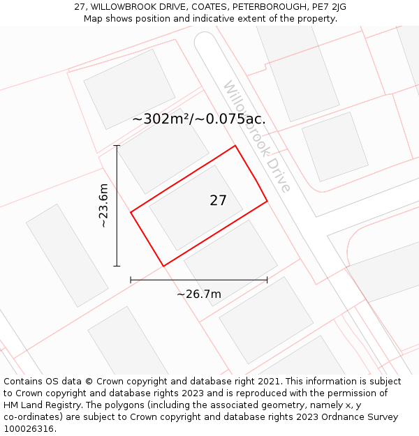 27, WILLOWBROOK DRIVE, COATES, PETERBOROUGH, PE7 2JG: Plot and title map