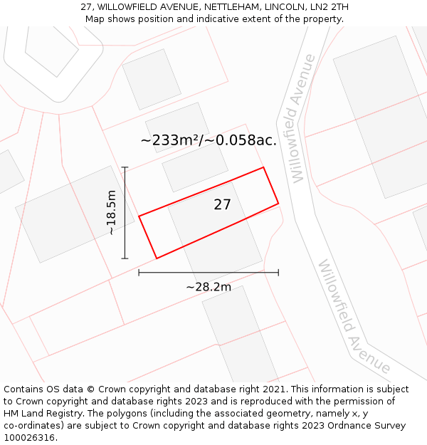 27, WILLOWFIELD AVENUE, NETTLEHAM, LINCOLN, LN2 2TH: Plot and title map