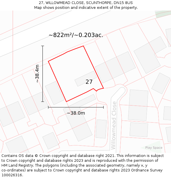 27, WILLOWMEAD CLOSE, SCUNTHORPE, DN15 8US: Plot and title map