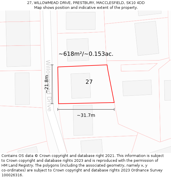 27, WILLOWMEAD DRIVE, PRESTBURY, MACCLESFIELD, SK10 4DD: Plot and title map