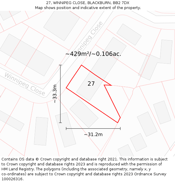 27, WINNIPEG CLOSE, BLACKBURN, BB2 7DX: Plot and title map
