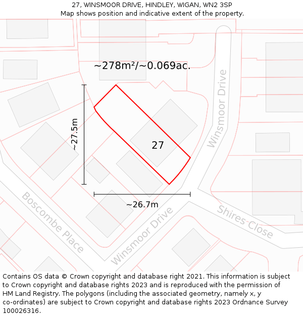 27, WINSMOOR DRIVE, HINDLEY, WIGAN, WN2 3SP: Plot and title map