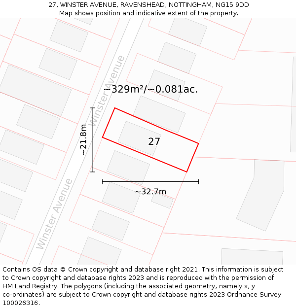 27, WINSTER AVENUE, RAVENSHEAD, NOTTINGHAM, NG15 9DD: Plot and title map