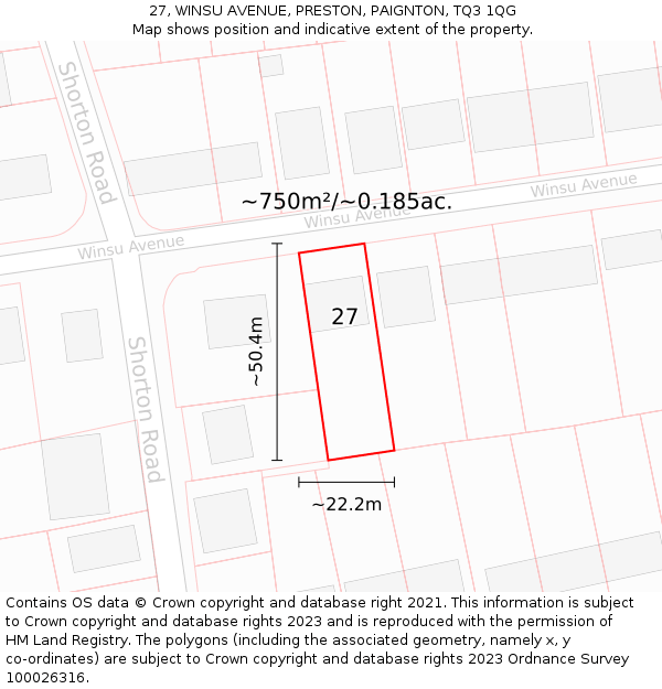 27, WINSU AVENUE, PRESTON, PAIGNTON, TQ3 1QG: Plot and title map