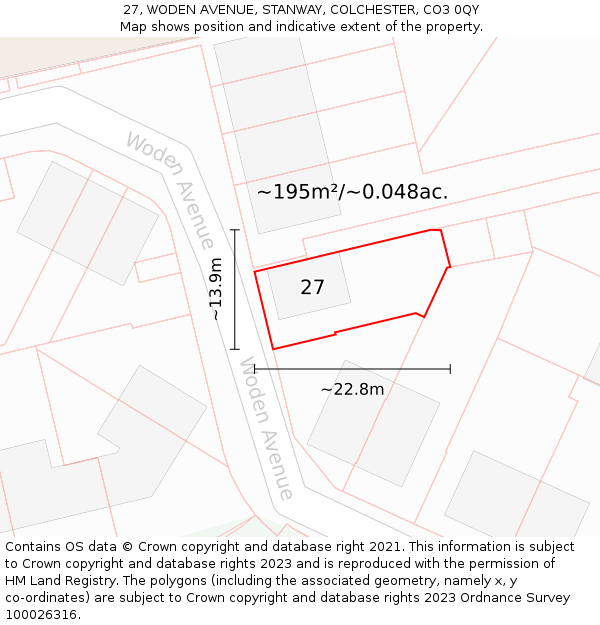 27, WODEN AVENUE, STANWAY, COLCHESTER, CO3 0QY: Plot and title map