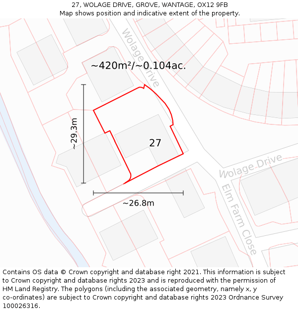 27, WOLAGE DRIVE, GROVE, WANTAGE, OX12 9FB: Plot and title map