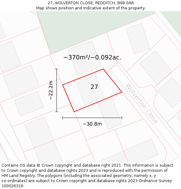 27, WOLVERTON CLOSE, REDDITCH, B98 0AR: Plot and title map