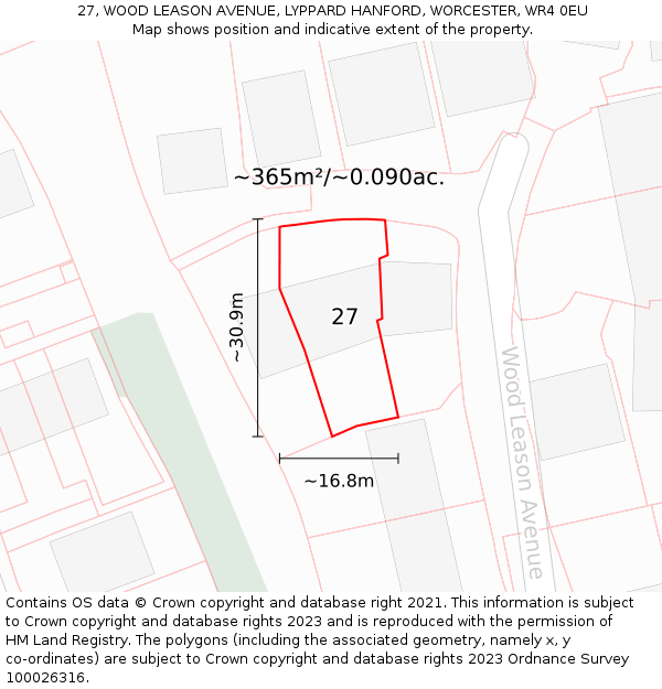 27, WOOD LEASON AVENUE, LYPPARD HANFORD, WORCESTER, WR4 0EU: Plot and title map