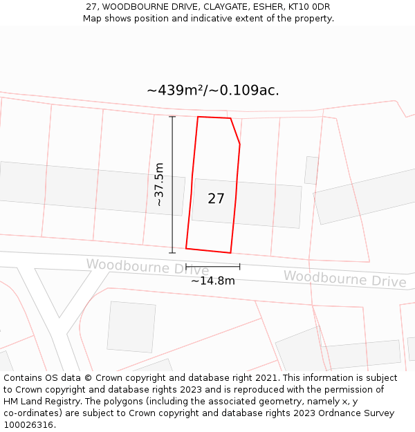 27, WOODBOURNE DRIVE, CLAYGATE, ESHER, KT10 0DR: Plot and title map