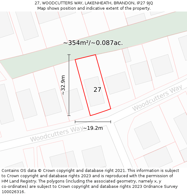 27, WOODCUTTERS WAY, LAKENHEATH, BRANDON, IP27 9JQ: Plot and title map