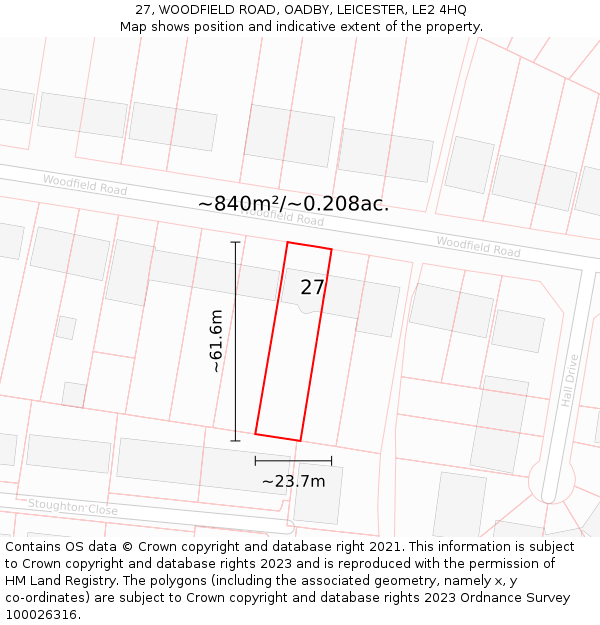 27, WOODFIELD ROAD, OADBY, LEICESTER, LE2 4HQ: Plot and title map