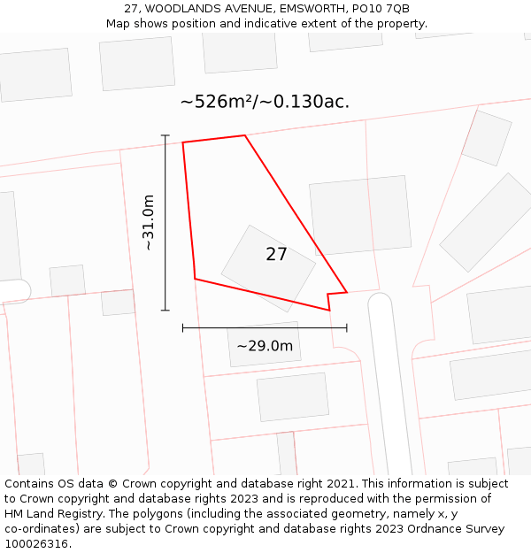 27, WOODLANDS AVENUE, EMSWORTH, PO10 7QB: Plot and title map