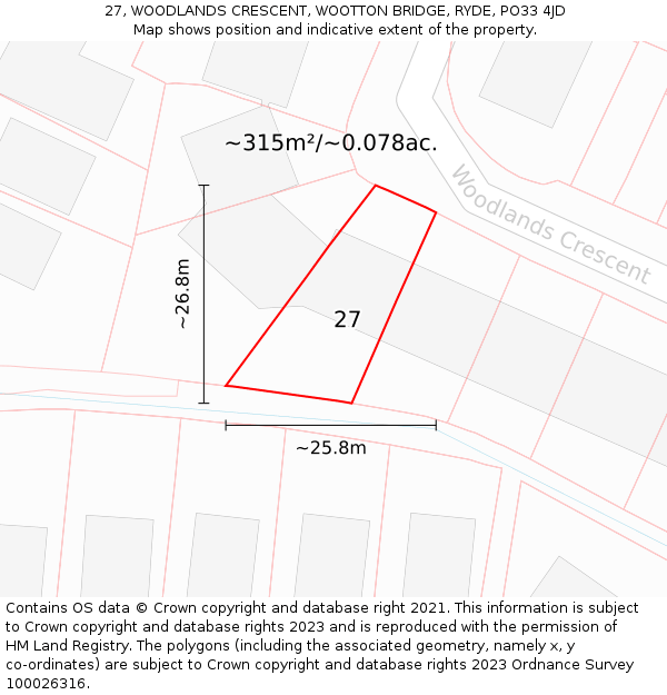27, WOODLANDS CRESCENT, WOOTTON BRIDGE, RYDE, PO33 4JD: Plot and title map