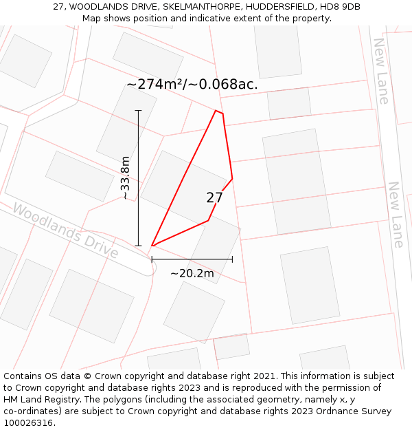 27, WOODLANDS DRIVE, SKELMANTHORPE, HUDDERSFIELD, HD8 9DB: Plot and title map