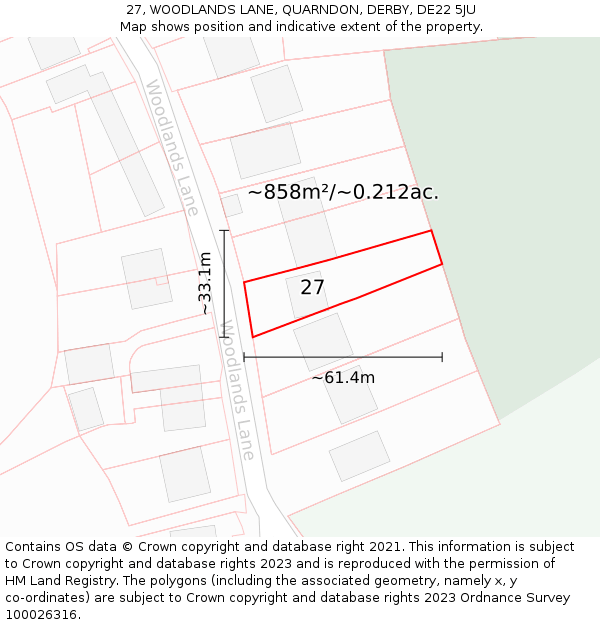 27, WOODLANDS LANE, QUARNDON, DERBY, DE22 5JU: Plot and title map
