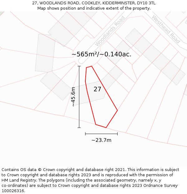 27, WOODLANDS ROAD, COOKLEY, KIDDERMINSTER, DY10 3TL: Plot and title map