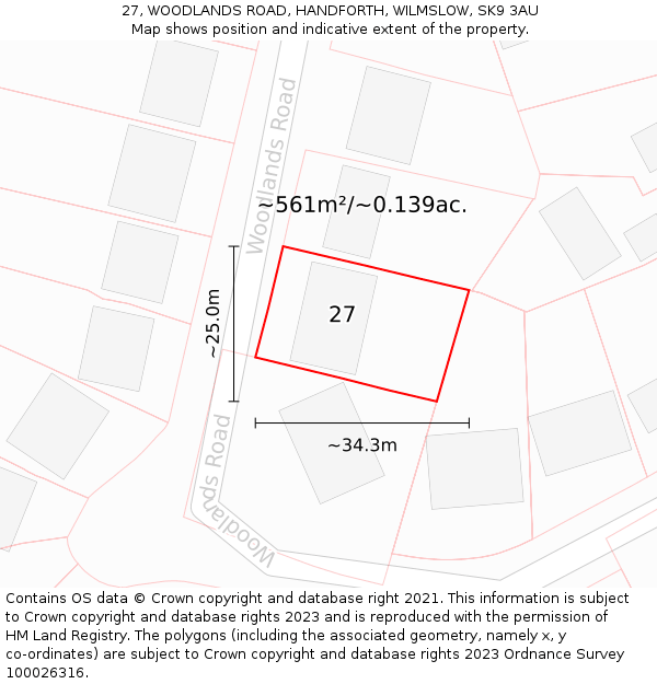 27, WOODLANDS ROAD, HANDFORTH, WILMSLOW, SK9 3AU: Plot and title map