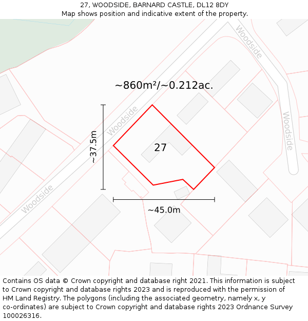 27, WOODSIDE, BARNARD CASTLE, DL12 8DY: Plot and title map