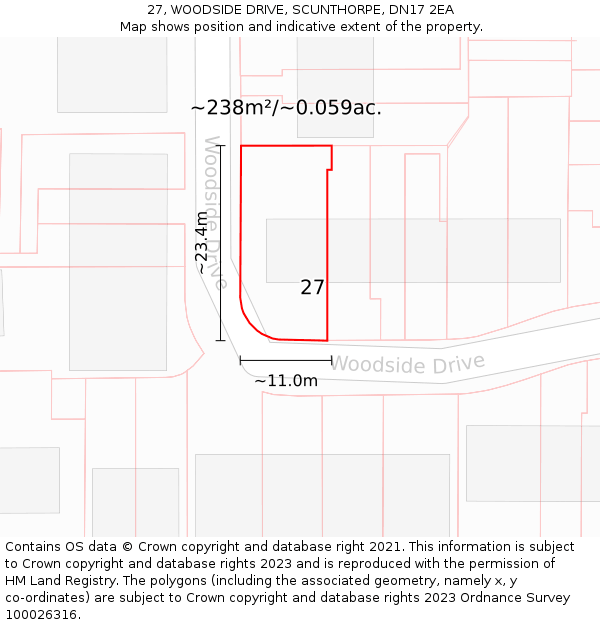 27, WOODSIDE DRIVE, SCUNTHORPE, DN17 2EA: Plot and title map