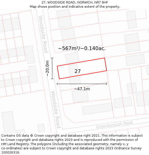 27, WOODSIDE ROAD, NORWICH, NR7 9HF: Plot and title map