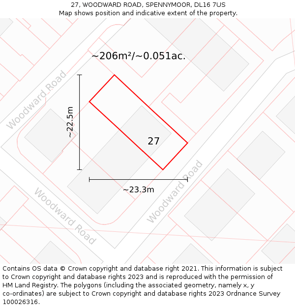 27, WOODWARD ROAD, SPENNYMOOR, DL16 7US: Plot and title map