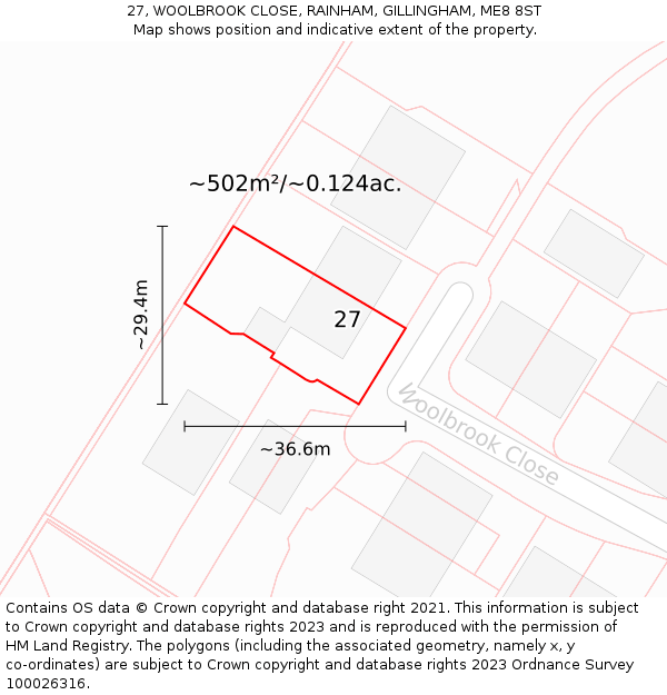 27, WOOLBROOK CLOSE, RAINHAM, GILLINGHAM, ME8 8ST: Plot and title map