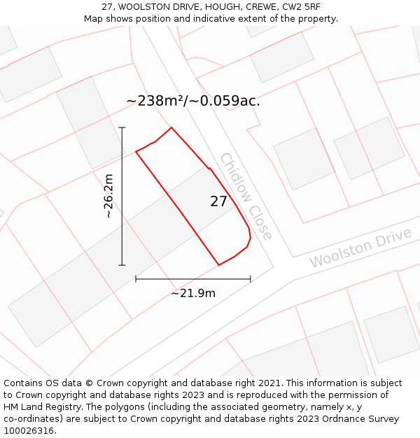 27, WOOLSTON DRIVE, HOUGH, CREWE, CW2 5RF: Plot and title map