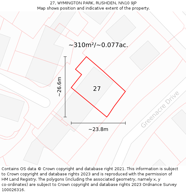 27, WYMINGTON PARK, RUSHDEN, NN10 9JP: Plot and title map