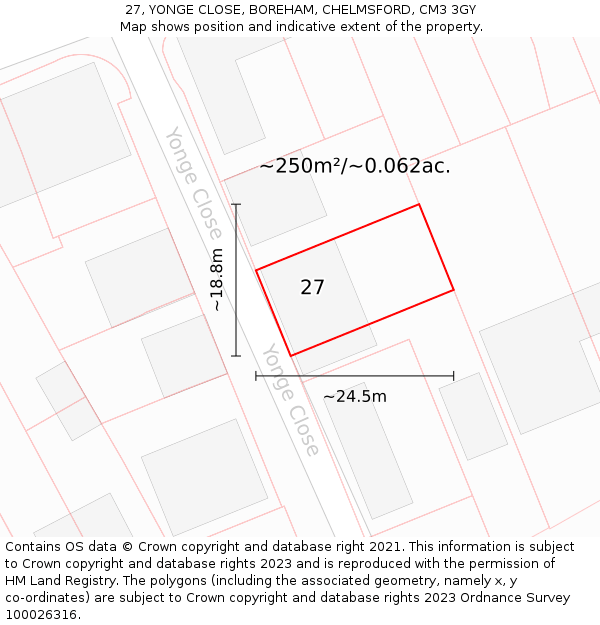 27, YONGE CLOSE, BOREHAM, CHELMSFORD, CM3 3GY: Plot and title map