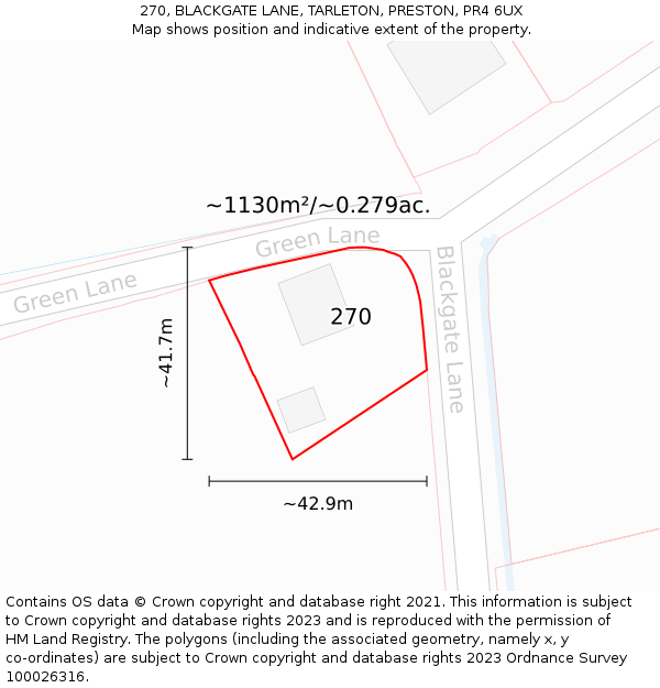 270, BLACKGATE LANE, TARLETON, PRESTON, PR4 6UX: Plot and title map