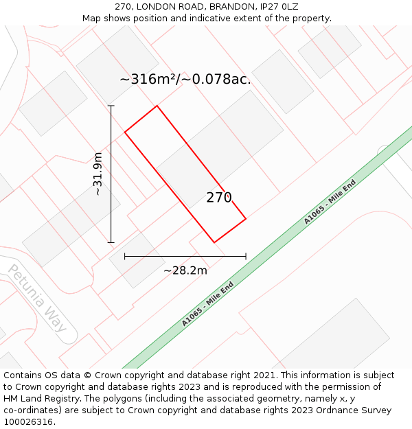 270, LONDON ROAD, BRANDON, IP27 0LZ: Plot and title map