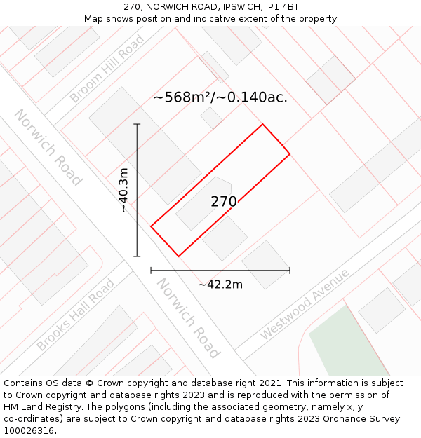 270, NORWICH ROAD, IPSWICH, IP1 4BT: Plot and title map