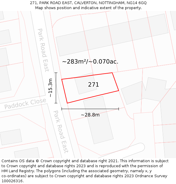 271, PARK ROAD EAST, CALVERTON, NOTTINGHAM, NG14 6GQ: Plot and title map