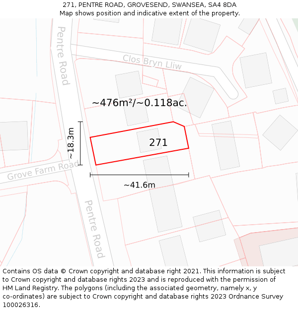 271, PENTRE ROAD, GROVESEND, SWANSEA, SA4 8DA: Plot and title map