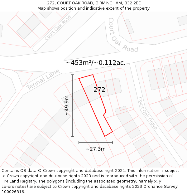 272, COURT OAK ROAD, BIRMINGHAM, B32 2EE: Plot and title map