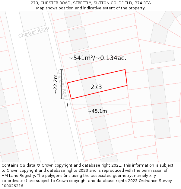 273, CHESTER ROAD, STREETLY, SUTTON COLDFIELD, B74 3EA: Plot and title map