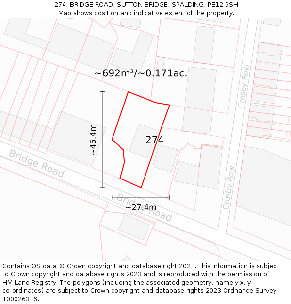274, BRIDGE ROAD, SUTTON BRIDGE, SPALDING, PE12 9SH: Plot and title map