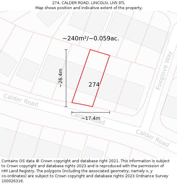 274, CALDER ROAD, LINCOLN, LN5 9TL: Plot and title map