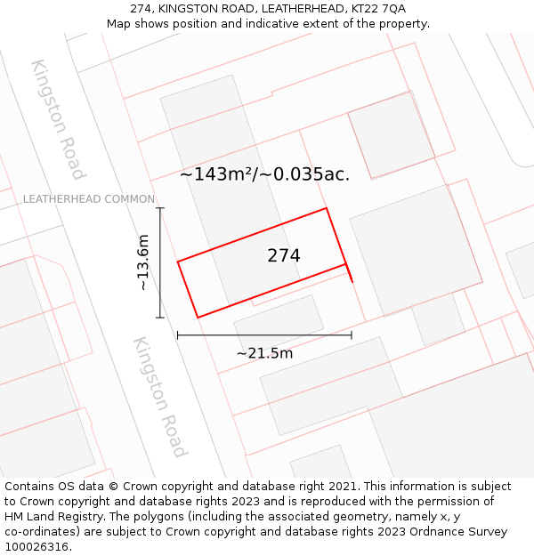 274, KINGSTON ROAD, LEATHERHEAD, KT22 7QA: Plot and title map