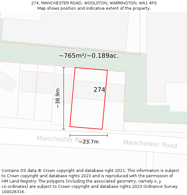 274, MANCHESTER ROAD, WOOLSTON, WARRINGTON, WA1 4PS: Plot and title map