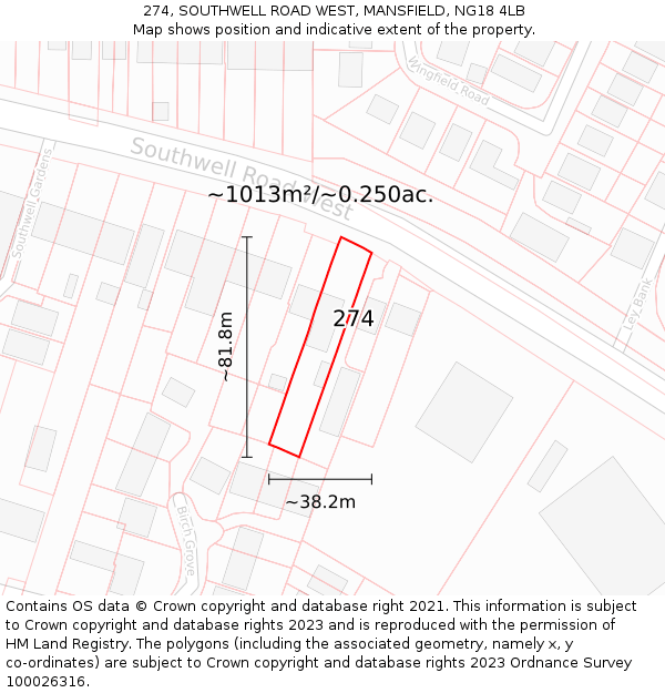 274, SOUTHWELL ROAD WEST, MANSFIELD, NG18 4LB: Plot and title map
