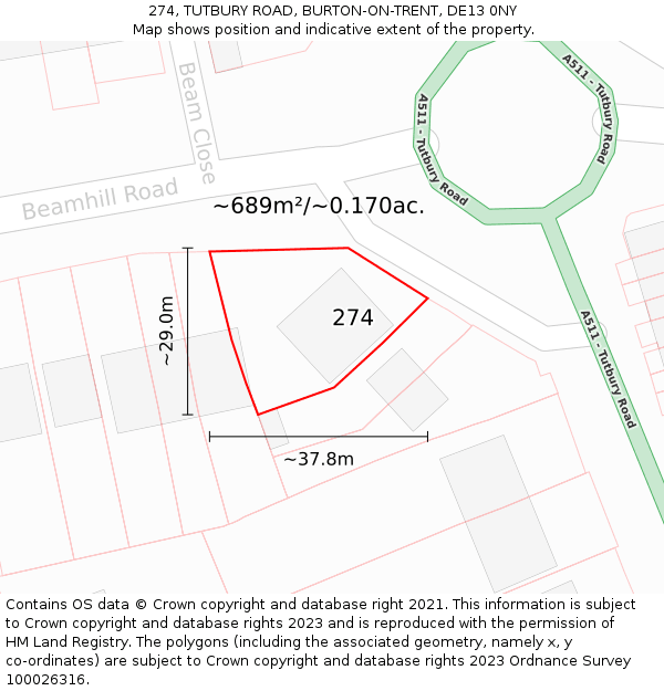 274, TUTBURY ROAD, BURTON-ON-TRENT, DE13 0NY: Plot and title map