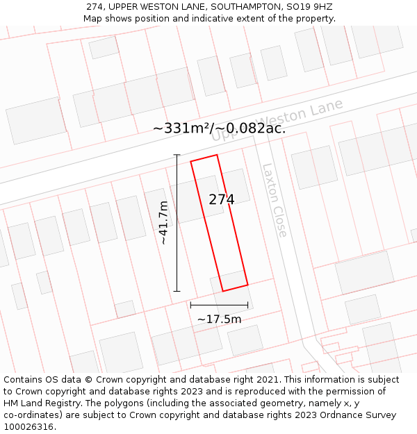 274, UPPER WESTON LANE, SOUTHAMPTON, SO19 9HZ: Plot and title map