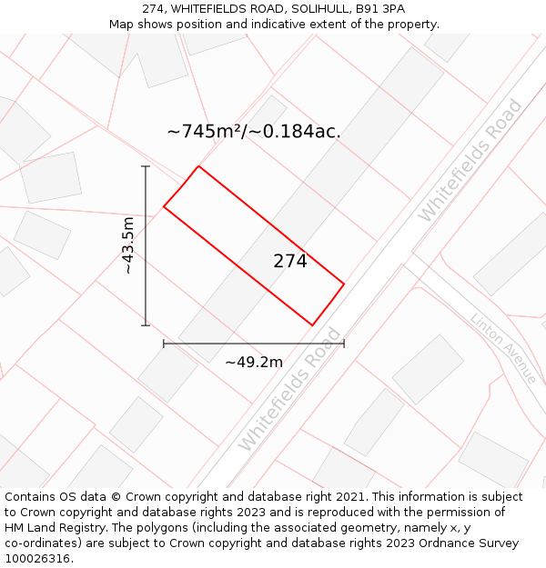 274, WHITEFIELDS ROAD, SOLIHULL, B91 3PA: Plot and title map